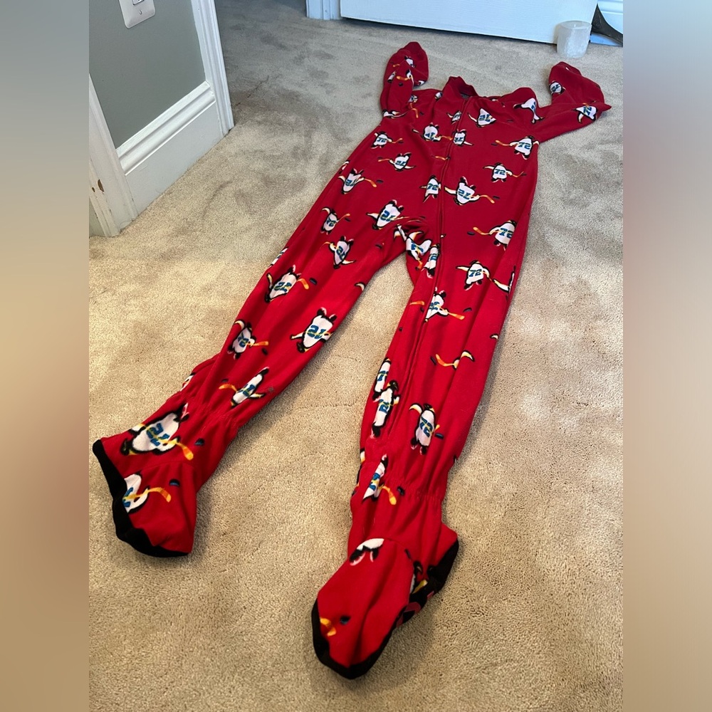 Kids Onesie Red Hockey Penguin footies with traction pads